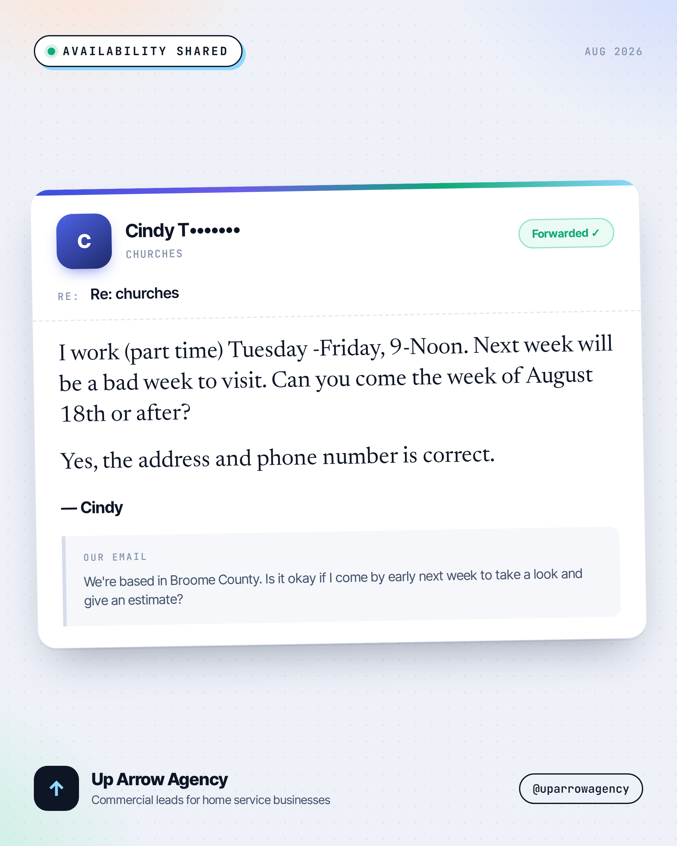 Masked inbound reply — Churches prospect shared availability to meet, from an Up Arrow Agency commercial cold-email campaign