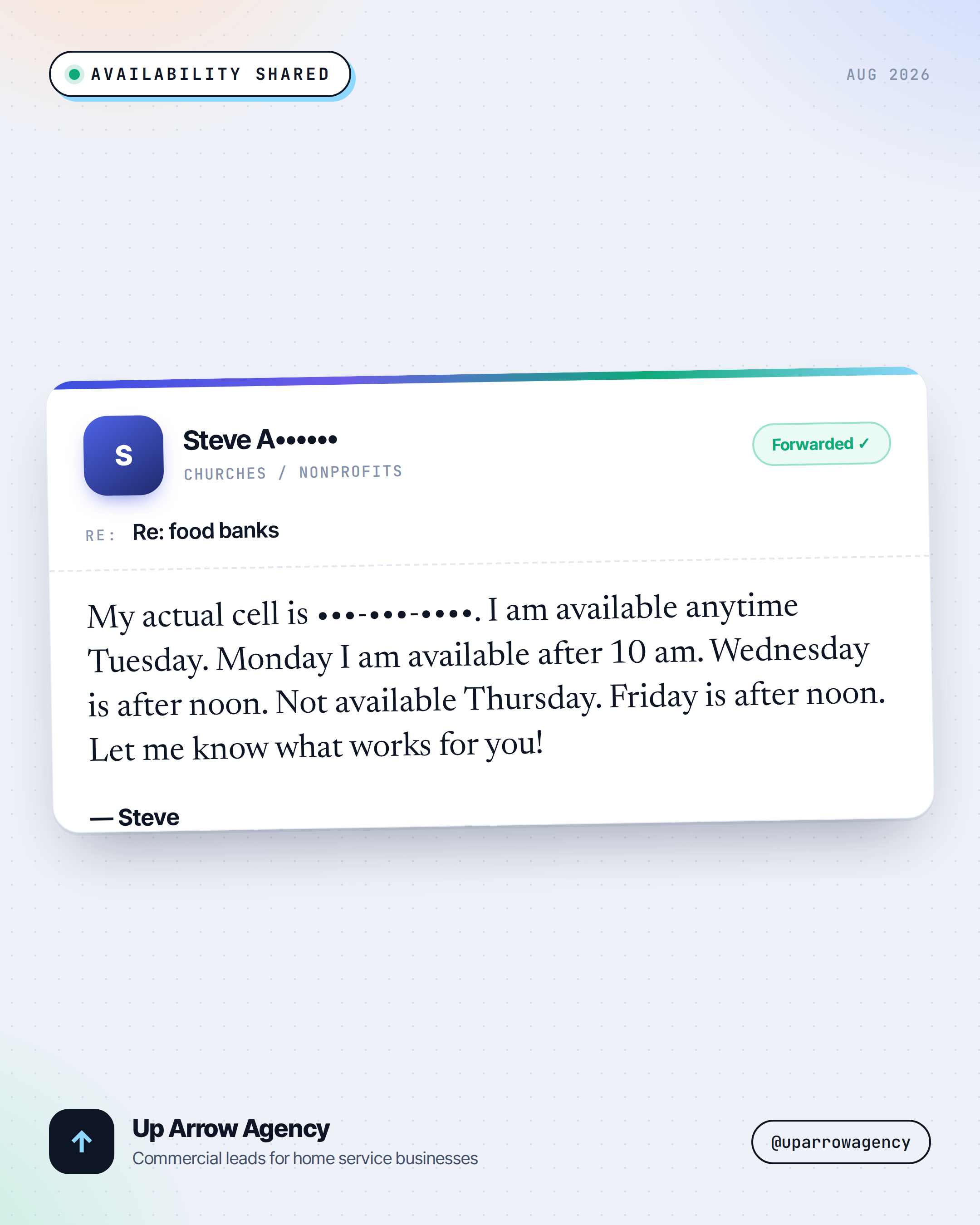 Masked inbound reply — Churches / nonprofits prospect shared availability to meet, from an Up Arrow Agency commercial cold-email campaign