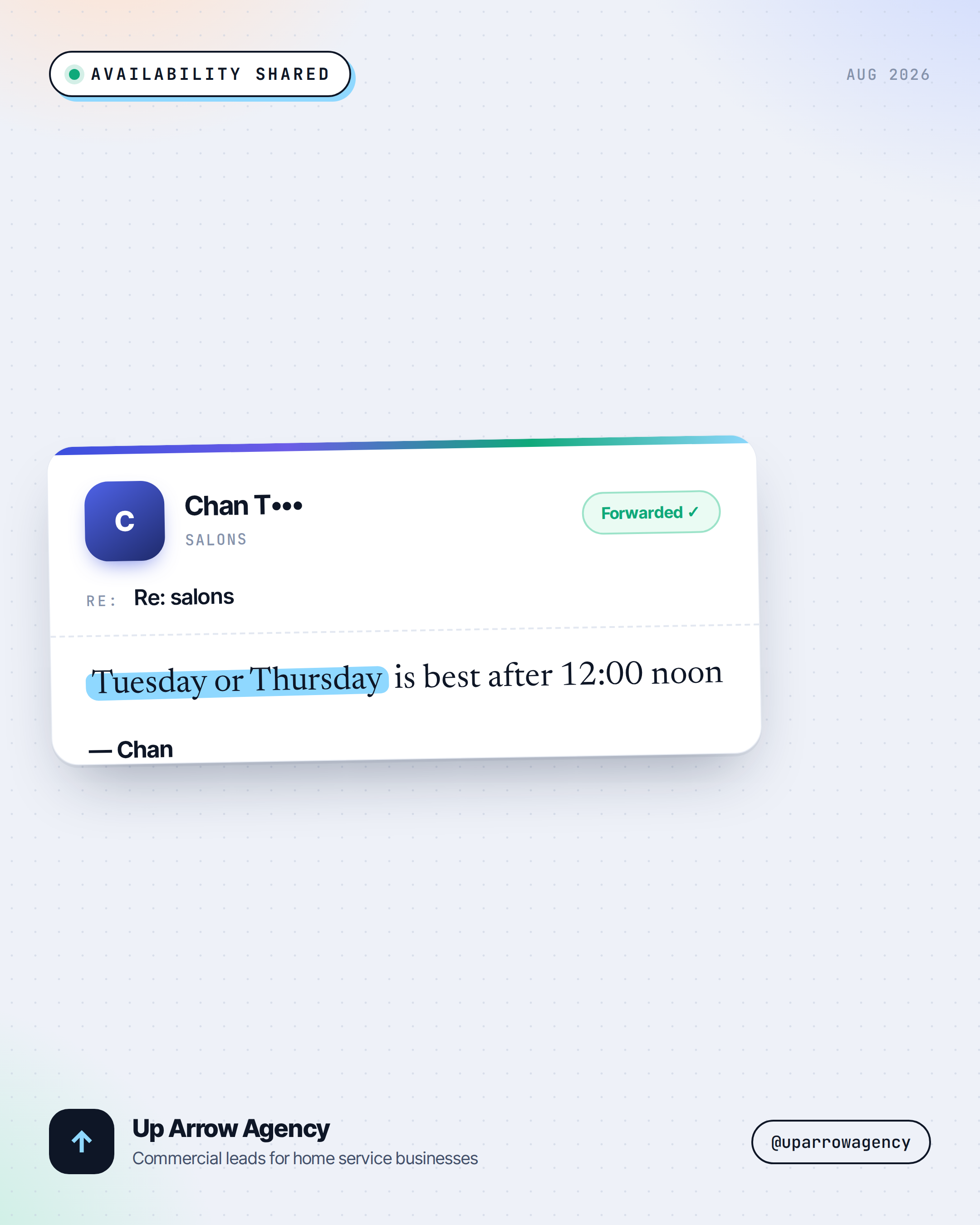 Masked inbound reply — Salons prospect shared availability to meet, from an Up Arrow Agency commercial cold-email campaign