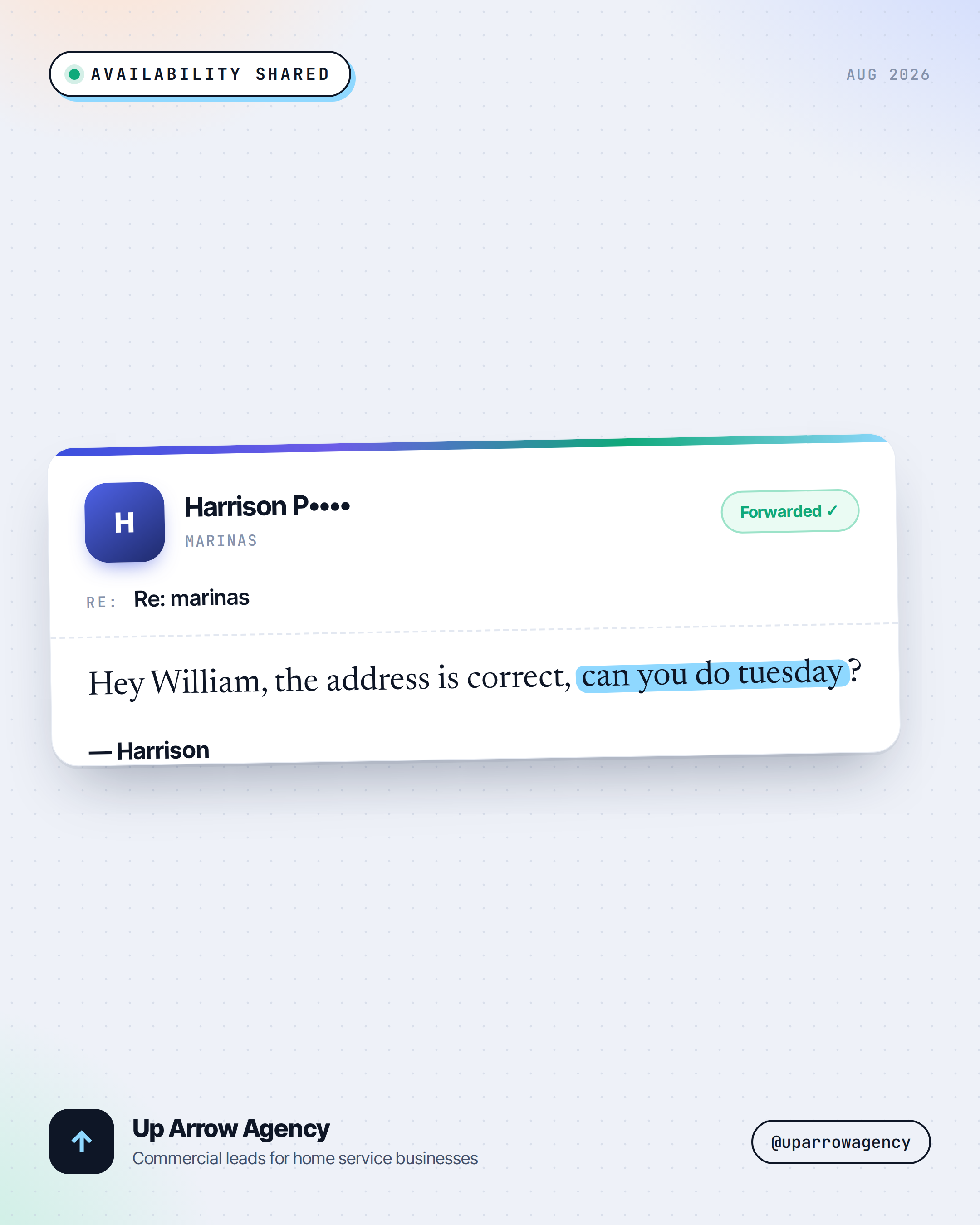 Masked inbound reply — Marinas prospect shared availability to meet, from an Up Arrow Agency commercial cold-email campaign